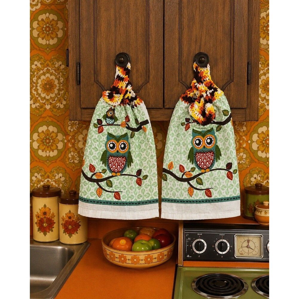 Set 2 Owl Hanging Kitchen Towels Crochet Top Fall Autumn Farmhouse Decor Rustic